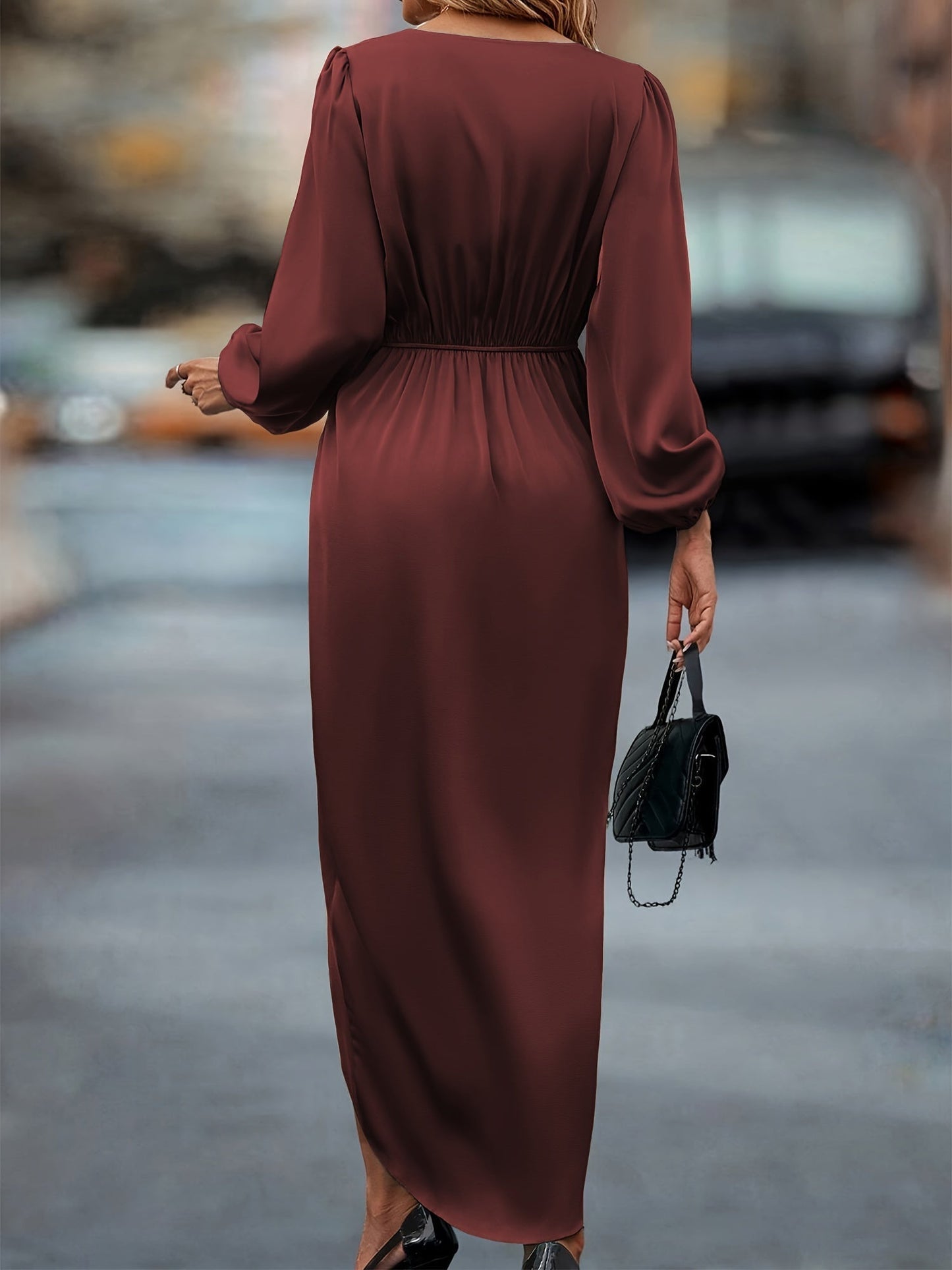 Stilvolles Kleid mit geraffter Taille, Wickel-Design, Überlappungsausschnitt und langen Ärmeln für Damen | Ideal für den Sommer