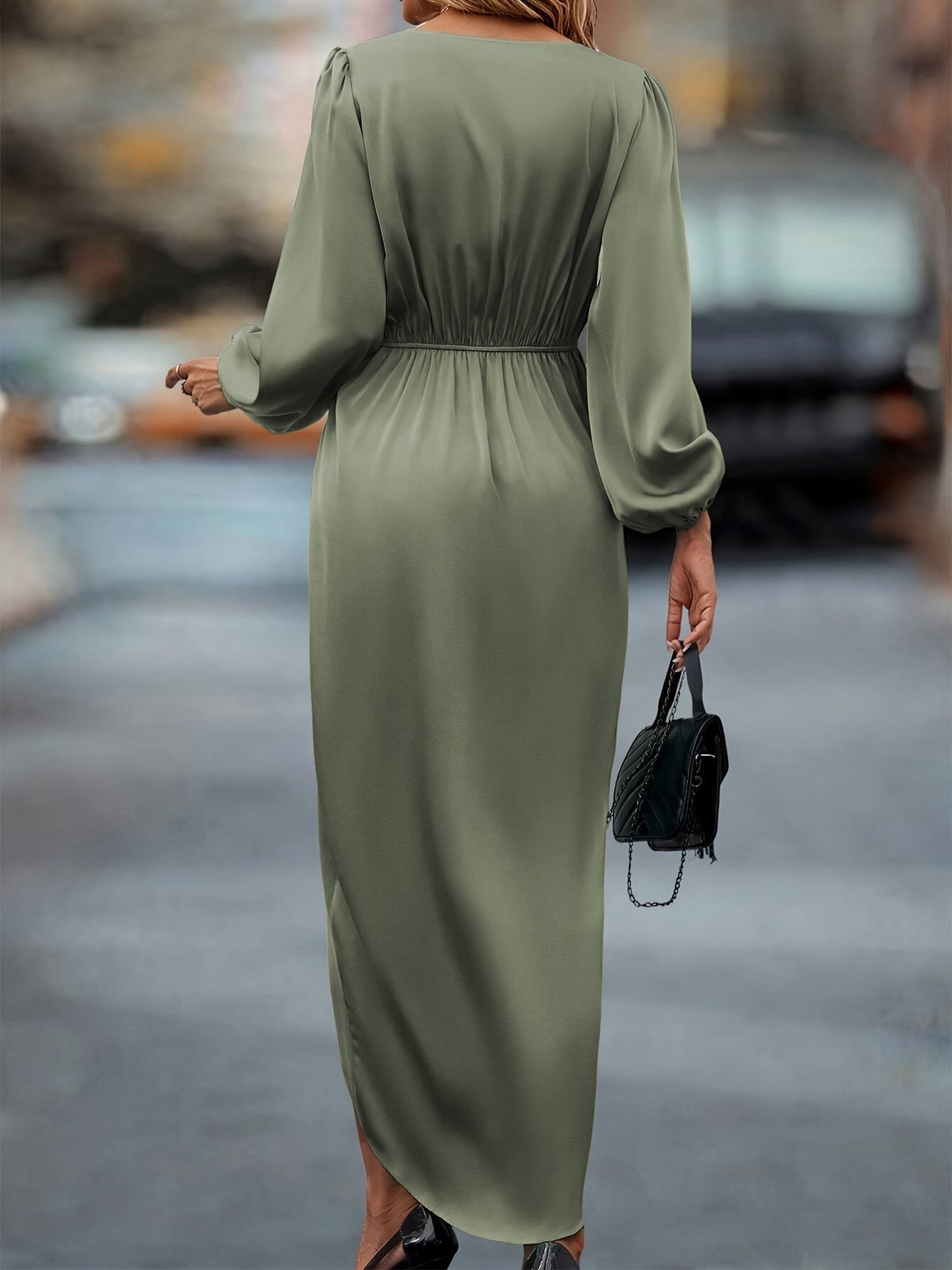Stilvolles Kleid mit geraffter Taille, Wickel-Design, Überlappungsausschnitt und langen Ärmeln für Damen | Ideal für den Sommer