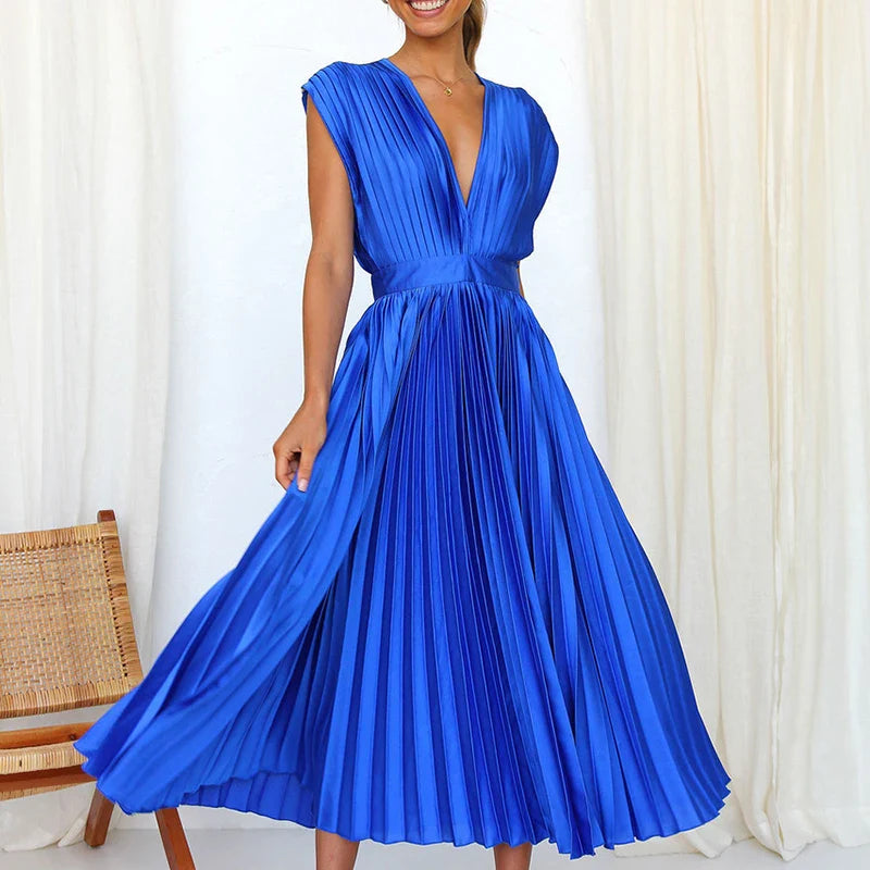 Hedwig - Neues Damenkleid mit Falten, Reißverschluss und ärmellosem Design