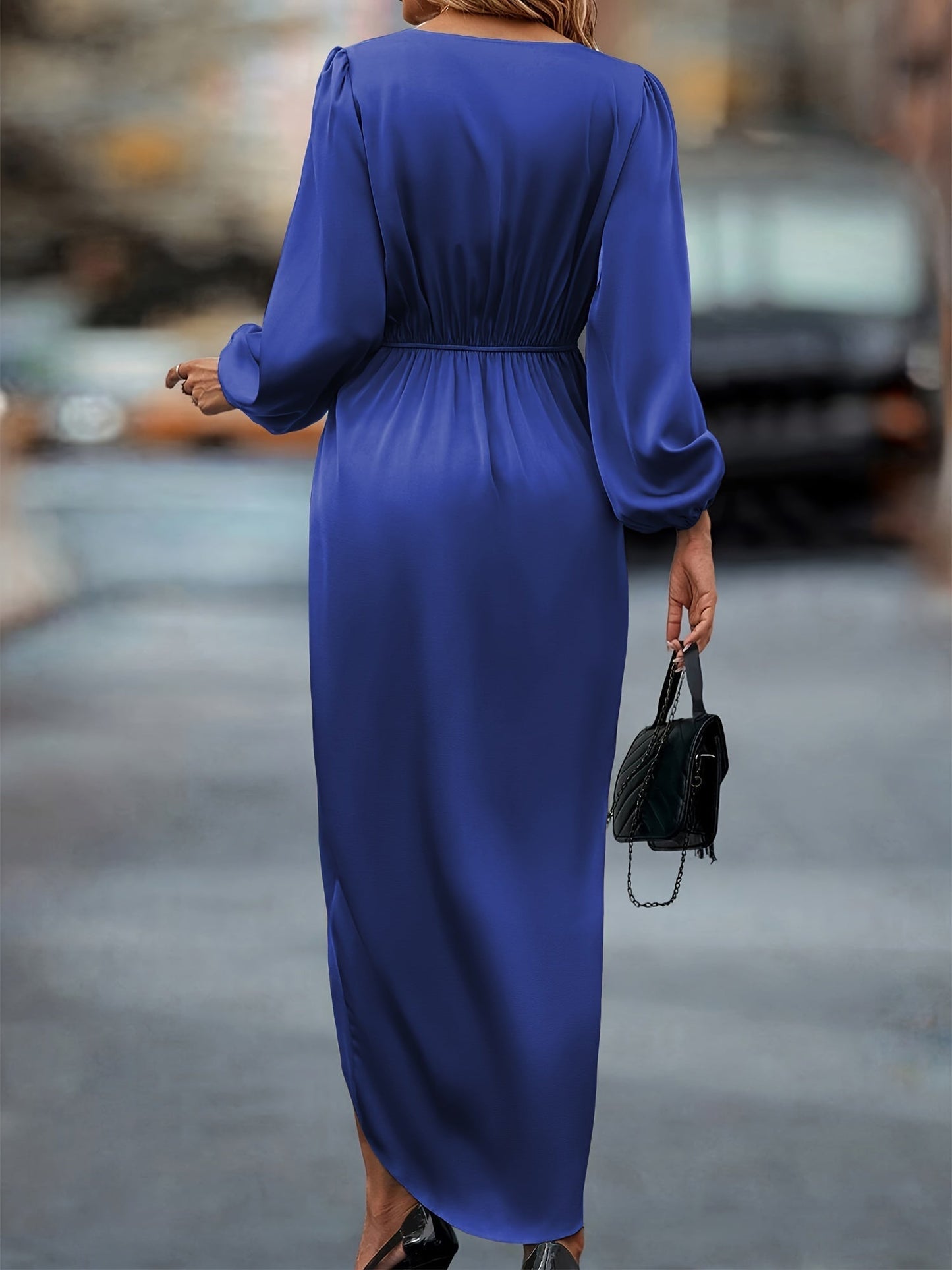 Stilvolles Kleid mit geraffter Taille, Wickel-Design, Überlappungsausschnitt und langen Ärmeln für Damen | Ideal für den Sommer