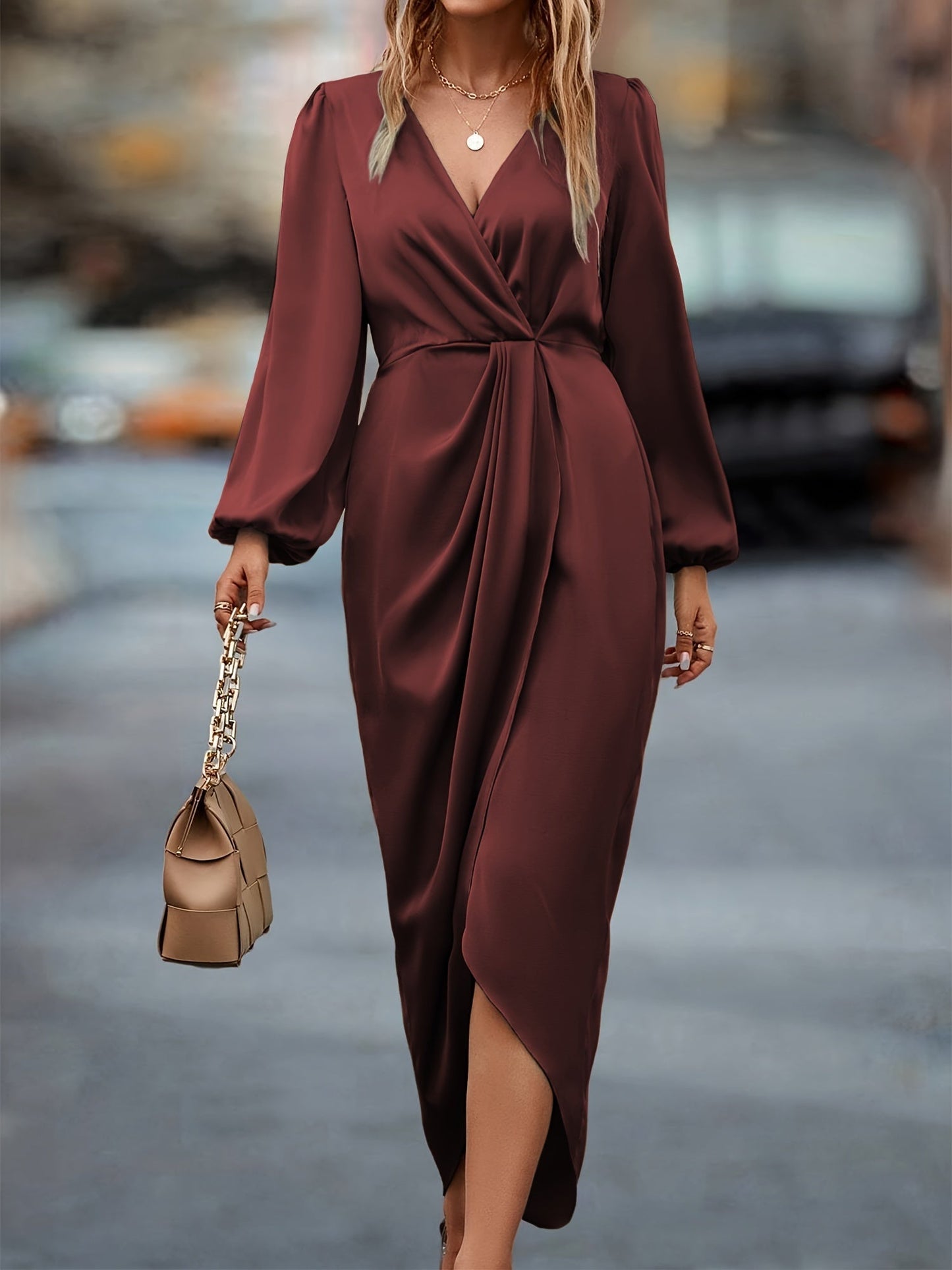 Stilvolles Kleid mit geraffter Taille, Wickel-Design, Überlappungsausschnitt und langen Ärmeln für Damen | Ideal für den Sommer
