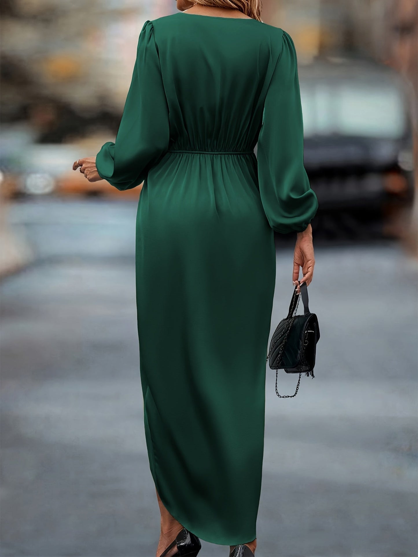 Stilvolles Kleid mit geraffter Taille, Wickel-Design, Überlappungsausschnitt und langen Ärmeln für Damen | Ideal für den Sommer