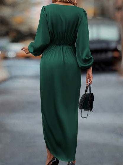 Stilvolles Kleid mit geraffter Taille, Wickel-Design, Überlappungsausschnitt und langen Ärmeln für Damen | Ideal für den Sommer